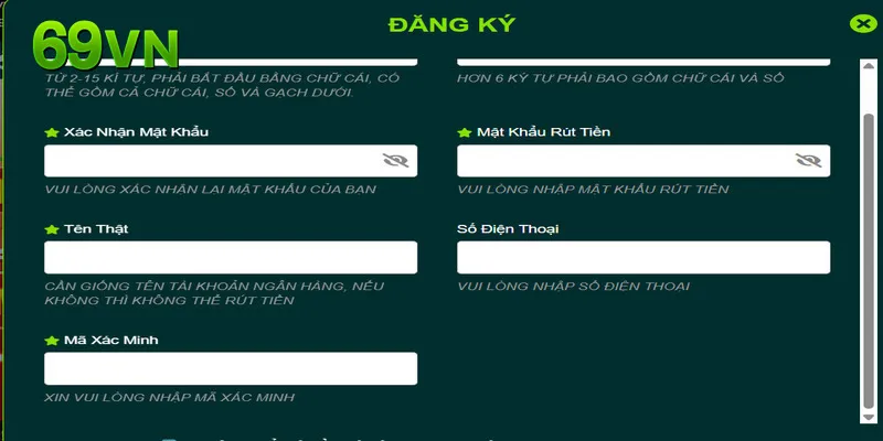 Người chơi điền đầy đủ thông tin theo hướng dẫn khi đăng ký 68VN